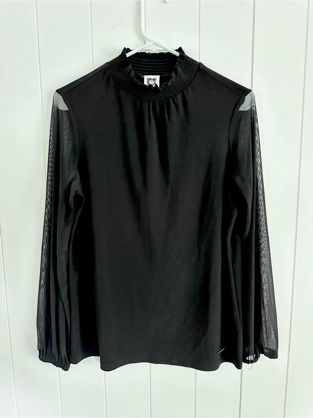 Anne Klein Black Mock Neck Top with Sheer Long Sleeves